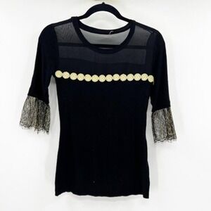 Anthropologie Black Knit Top Sheer Mesh Gold Embroidery Lace Bell Sleeve Blouse